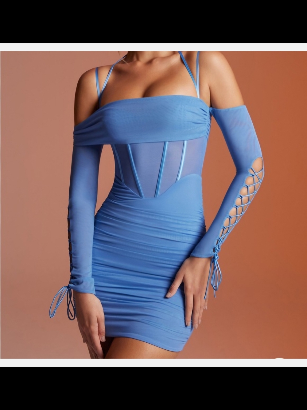 Oh Polly Sky Blue Off-Shoulder Lace-Up Sleeve Bodycon Mini Dress size 4